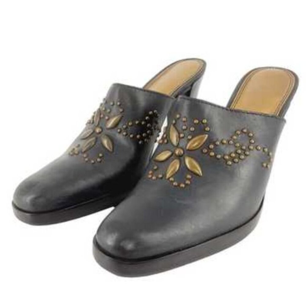 Unisa Sanita Women's Brown Leather Heeled Mules Brass Look Studs Western